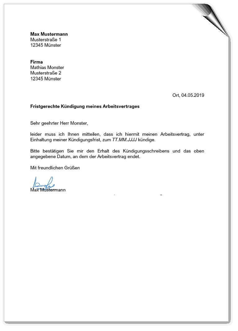 Kuendigungsvorlage Kuendigungsschreiben Vorlage Kuendigung Arbeitsvertrag